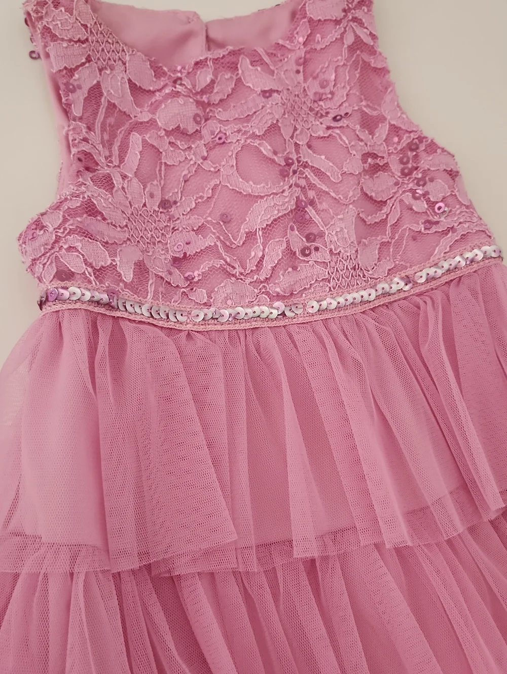 Girls Pink Lace & Tiered Tulle Party Dress